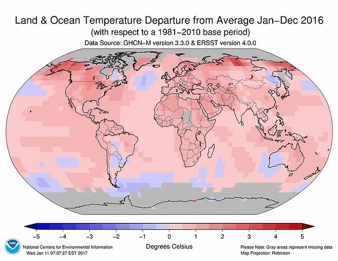 2016년의 지역별 기온 상승폭. noaa