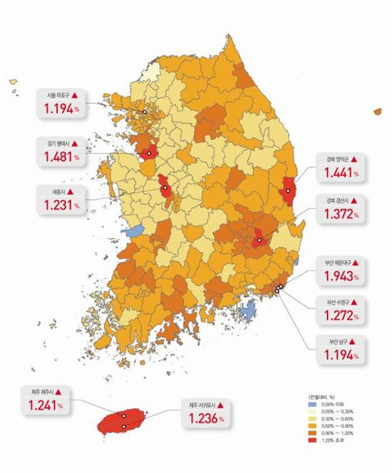 전국 지가변동률 색인도