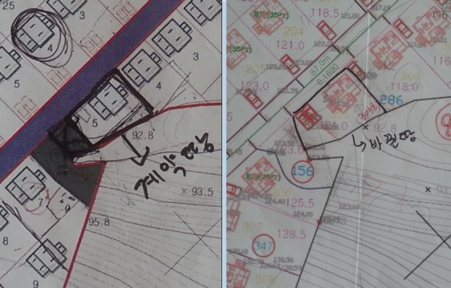 [사진설명=천 씨는 분양 계약 당시 가분할도를 보고 사각형(왼쪽) 모양의 땅을 계약했지만, 현재는 비뚫어진 오각형 모양의 땅(오른쪽)으로 바뀌었다.]