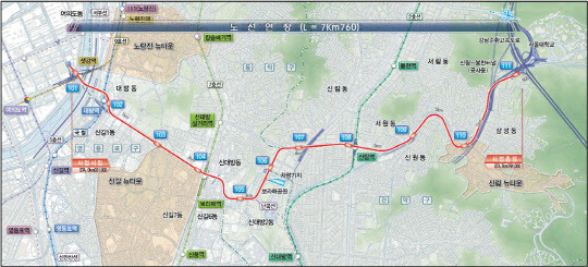 오는 2022년 개통 예정인 신림선 경전철의 노선도