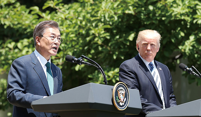 문재인 대통령이 6월30일 오전(현지 시각) 워싱턴 백악관 로즈가든에서 열린 도널드 트럼프 미국 대통령과의 공동언론발표에서 발언하고 있다. ⓒ 사진=연합뉴스