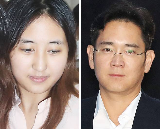 최순실씨의 딸 정유라(왼쪽)씨가 12일 오전 10시 이재용(오른쪽) 삼성전자 부회장 재판에 증언하기 위해 서울중앙지법으로 들어서고 있다. 당초 재판에 나오지 않겠다고 했던 정씨는 돌연 입장을 바꿔 4시간 동안 증언했다. 이 부회장은 재판 내내 정씨를 응시했다. /연합뉴스