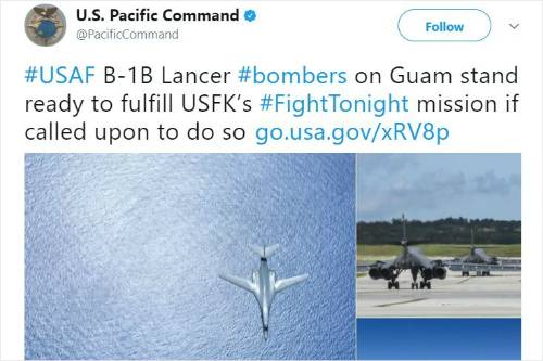 B-1B랜서 전폭기가 괌기지에서 출격 대기 중임을 알리고 있는 미 태평양사령부의 트윗. 트럼프 대통령이 자신의 트위터에 리트윗했다. (트위터)