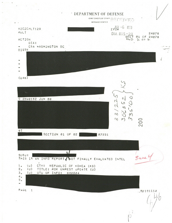 미 국방정보국 비밀문서 계엄군의 폭력적인 진압이 ‘전두환의 게임 플랜’이었다고 분석한 미 국방정보국(DIA)의 1980년 6월4일 기밀문서.