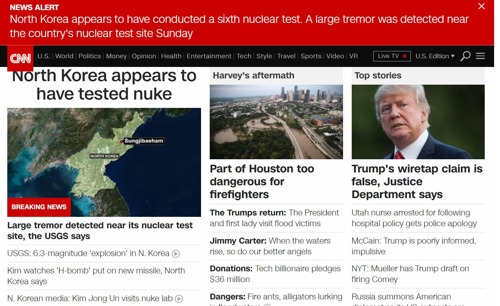 북한의 6차 핵실험 가능성을 긴급뉴스로 전한 미국 CNN방송 인터넷 홈페이지 첫 화면 [CNN 캡처]