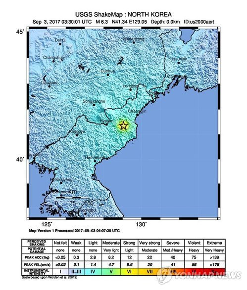 (워싱턴DC EPA=연합뉴스) 미국 지질조사국이 배포한 지진도. 규모 6.3 표시돼 있으며, 인공지진 진앙지역은 노란색 별모양. 2017.9.3      bulls@yna.co.kr