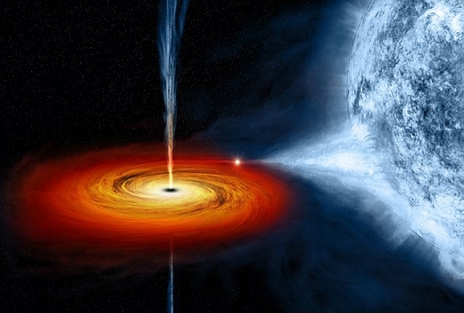 백조자리 X-1이라는 이름을 가진 블랙홀 상상도. 지구로부터 약  6,070 광년 거리에 있다.
