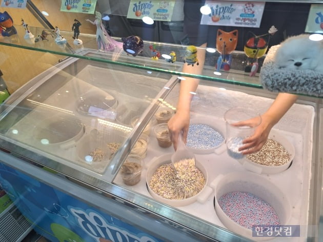 직원이 대용량 컵에 구슬 아이스크림을 담는 모습. /사진=김세린 기자