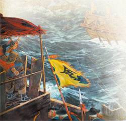 울돌목에서 벌어진 명량해전을 묘사한 기록화 『십경도』의 한 장면. 이순신 장군은 지형과 조류의 변화를 이용해 일자진을 펼쳐 133척의 왜선을 격퇴했다.