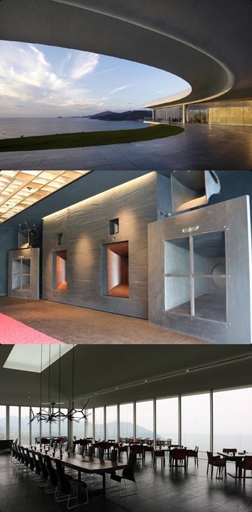 남해바다가 보이는 클럽하우스(위부터), 오디오룸의 10억원 상당의&nbsp;스피커와 클럽하우스 내부모습.