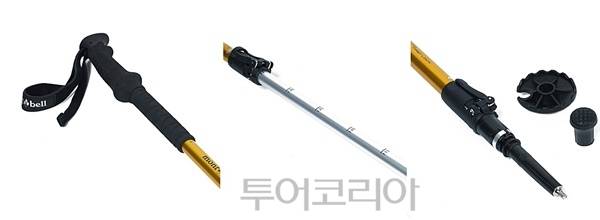 몽벨의 초경량 등산 스틱 ‘패스트락30’의 손잡이, 레버 조절부, 촉, 바스켓, 고무캡
