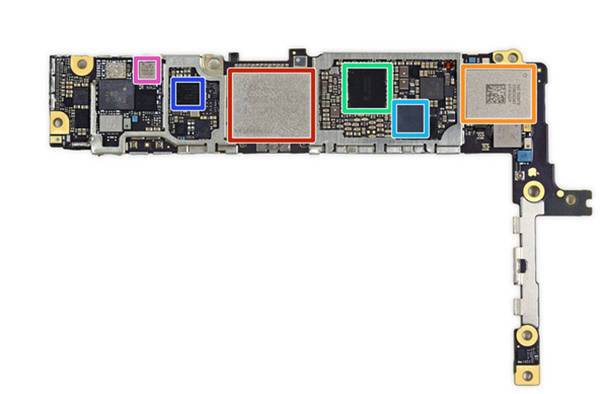 아이폰6s플러스 내부 기판의 모습. ▲붉은색 네모안에는 SK하이닉스의 H230DG8UD1ACS 16GB 낸드플래시메모리가 들어 있다. ▲오렌지색 안은 유니버설사아언티픽인더스트리얼의 339S00043 와아파이모듈이다. ▲노란색 안은 NXP의 66V10 NFC컨트롤러다.(아이폰6에는 65V10컨트롤러가 사용됐다.) ▲연록색 안은 애플/다이얼로그의 338S00122 파워매니지먼트IC다. ▲하늘색 안은 애플/시러스로직의 338S00105 오디오IC다. ▲청색 안은 퀄컴의 PMD9635 파워매니지먼트IC다.▲분홍색 안은 스카이웍스의 SKY77357 파워앰프모듈이다.사진=아이픽스잇