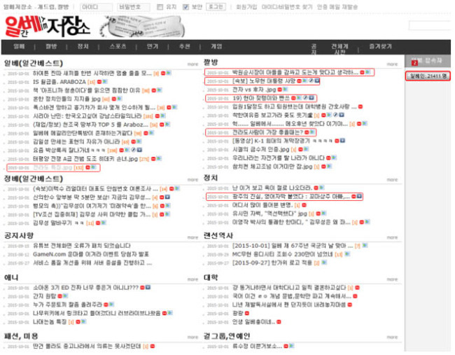 청소년들이 인터넷 접속이 많은 시간대인 밤 11시(10월1일)에 갈무리한 일간베스트 사이트 첫 화면. &lsquo;짤방&rsquo;이라는 게시판에 음란, 특정인 비하 게시물을 확인할 수 있으며 접속자는 2만1411명.