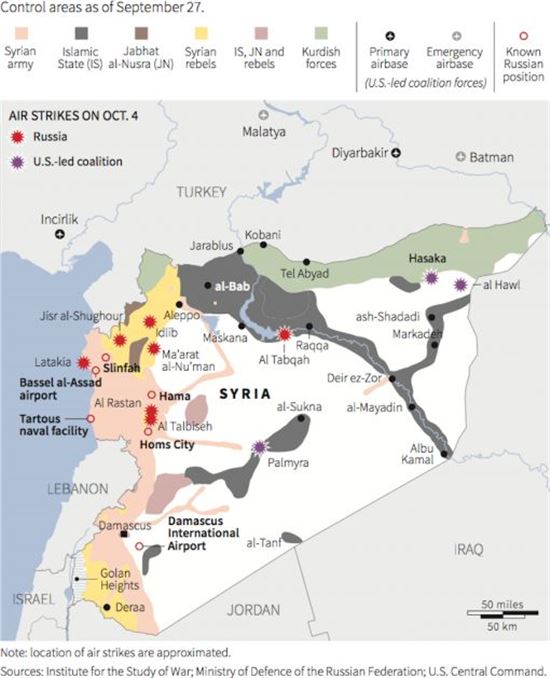 시리아 내전이 미국과 러시아의 대리전 양상을 띠고 있다. 보라색은 미군 주도 연합군의 공습 대상,붉은 별은 러시아의 공습 지점