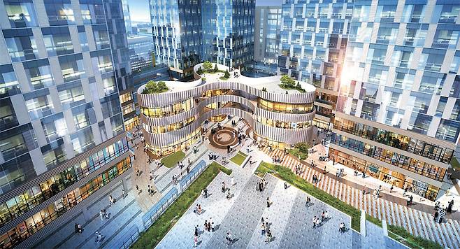 [두산중공업이 짓는 마곡 두산 더랜드파크(투시도)의 3개 동은 다리로 연결돼 있다. 때문에 동간 이동이 편리하다.]