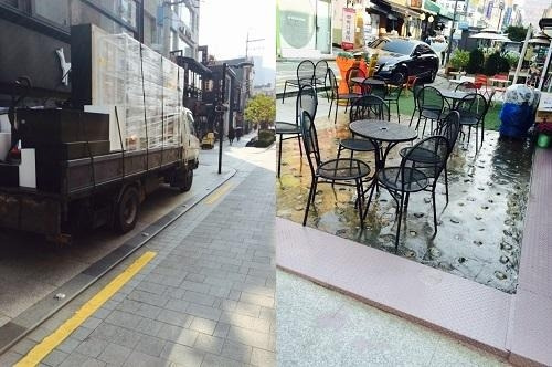 서울 강남구 압구정동 로데오거리에서 한 상가 점포가 폐업 후 이사 준비를 하고 있다(왼쪽 사진). 압구정동 로데오거리의 한 카페 야외 테이블이 손님이 없어 텅 비어 있다. / 이승주 기자