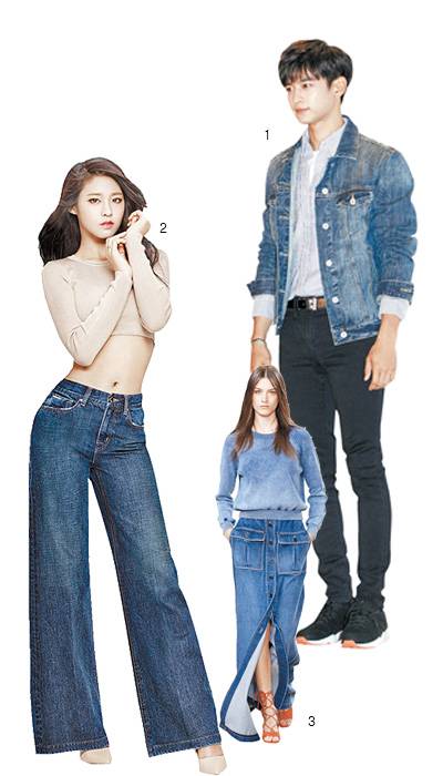 1 블랙 진에 데님 재킷을 입은 그룹 ‘샤이니’의 민호. 2 아이돌그룹 ‘AOA’의 설현은 진 전문 브랜드 ‘버커루’의 와이드 진에 짧은 상의를 입고 복고 패션을 연출했다. 3 명품 브랜드 ‘끌로에’가 제안한 롱 데님 스커트 스타일.