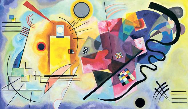 화가 바실리 칸딘스키(1866~1944)의 1925년작 ‘노랑 빨강 파랑’. 칸딘스키는 색에서 소리를 듣는 공감각을 지녔던 것으로 알려져 있다. [그림 흐름출판]