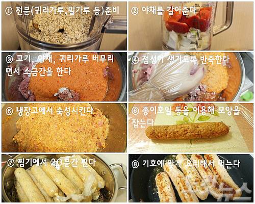 다진 돼지고기와 다진 야채, 전분가루, 각종 양념 등을 버무린 다음 냉장숙성 시킨다.그 뒤 찜기로 20분간 쪄낸 뒤 기호에 따라 조리해 먹는다. (사진제공= 강민경 씨)