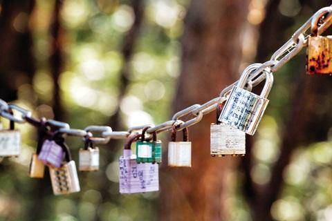 [월간산]두꺼비바위 인근에 사랑이 끊어지지 않도록 쇠줄에 자물쇠를 채우고 있다.