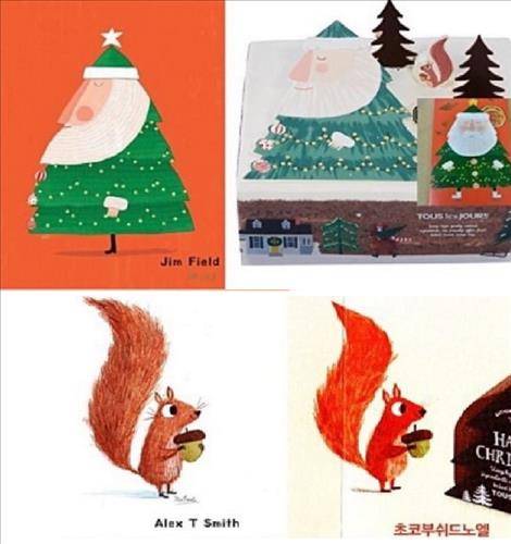 표절 논란을 빚고 있는 뚜레쥬르 크리스마스 홍보물, 제품 디자인(오른쪽)과 원작 영국 작가 짐 필드 작품(왼쪽). (출처 네이버카페 '디젤매니아')