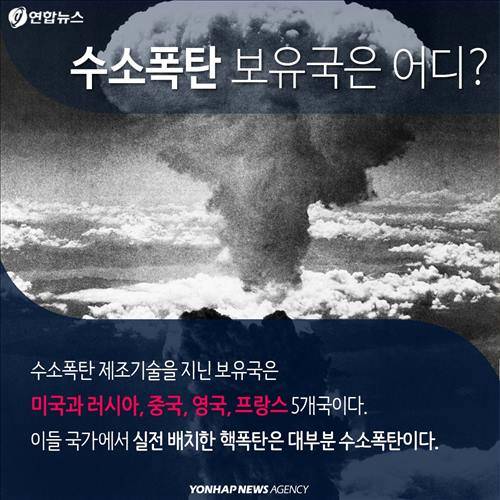 수소폭탄 보유국은 어디? 수소폭탄 제조기술을 지닌 보유국은 미국과 러시아, 중국, 영국, 프랑스 5개국이다. 이들 국가에서 실전 배치한 핵폭탄은 대부분 수소폭탄이다.