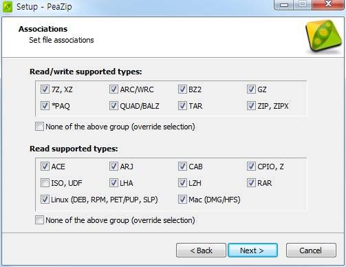 PeaZip 설치 옵션