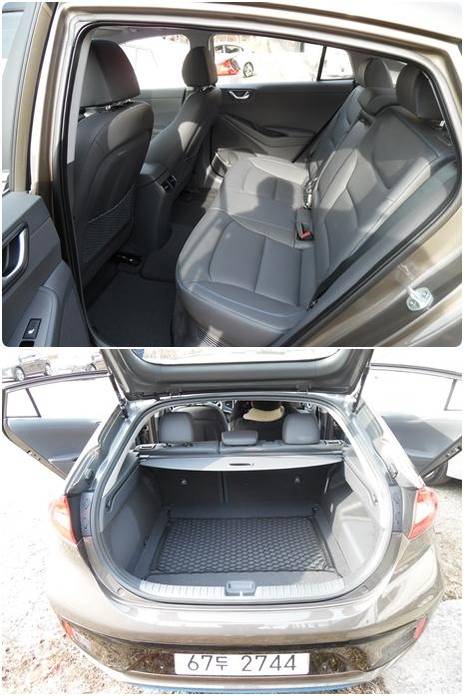 아이오닉 하이브리드 뒷좌석 실내(위)와 트렁크 공간 모습/류호 기자