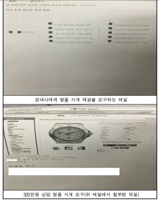 박씨 등 식약처 공무원들이 수입업자들에게 명품 시계 등을 요구하며 보낸 이메일.      |경남경찰청 제공