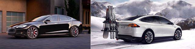 세단인 모델S(왼쪽)와 스포츠유틸리티차량(SUV) 모델X. 테슬라 홈페이지 캡처