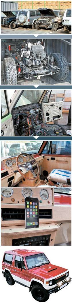 리스토어를 위해 입고된 중고 갤로퍼는 6기통 디젤 엔진, 34인치 타이어 등 모두 새로운 부품으로 교체된다. 차량 내 각종 배선도 새로 설치했고, 내부는 자작나무 소재 원목으로 재설계 했다. 실시간 음원 재생, 내비게이션 용도로 아이폰 도킹 장치가 센터페시아 부분에 장착된다.