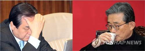 새누리당 공천 갈등, 김무성-이한구     (서울=연합뉴스) 배재만 이정훈 기자 = 새누리당 김무성 대표가 18일 국회에서 열린 본회의에 참석, 깊은 생각에 잠겨 있고(왼쪽), 이한구 공천관리위원장은 여의도당사에서 열린 공천관리위원회 회의 도중 물을 마시며 목을 축이고 있다. 김 대표는 이날 최고위원회의에서 "당 대표로서 공천관리위원회가 당헌·당규의 입법 취지에서 벗어나거나 최고위원회에서 의결된 공천룰의 범위를 벗어나는 행위를 하는 데 대해 제어할 의무가 있고, 앞으로도 용납하지 않겠다"고 밝혔다.