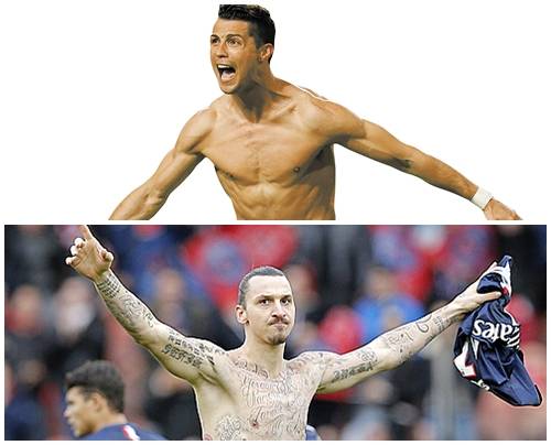 크리스티아누 호날두(위)와 즐라탄 이브라히모비치. 중앙포토, [셀러브리티 타투스 캡쳐]