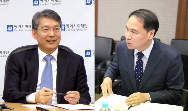 Seoul National University professor Kim Byung-yeon (left) and senior analyst at the Industrial Bank of Korea Economic Institute Cho Bong-hyun speak at separate seminars on the North Korean economy hosted by the East Asia Foundation and the Korea Policy Foundation, respectively. (Joel Lee / The Korea Herald)