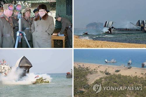 북한군, 우리나라 겨냥 상륙훈련…김정은 참관    (서울=연합뉴스)  북한군이 우리나라를 겨냥한 상륙 및 상륙 저지(반상륙) 방어훈련을 실시했으며, 김정은 국방위원회 제1위원장이 이를 참관했다. 북한 매체들은 훈련이 실시된 날짜는 밝히지 않았지만, 북한 내륙에 파고들어 최고지도부를 포함한 핵심 표적을 파괴하는 훈련이 포함된 한미연합훈련인 키리졸브(KR) 연습이 지난 18일 종료된 시점에 맞춰 열린 것으로 보인다. 사진은 20일자 노동신문에 게재된 북한군 상륙훈련 장면들.  2016.3.20      << 국내에서만 사용가능. 재배포 금지. For Use Only in the Republic of Korea. No Redistribution >>   nkphoto@yna.co.kr