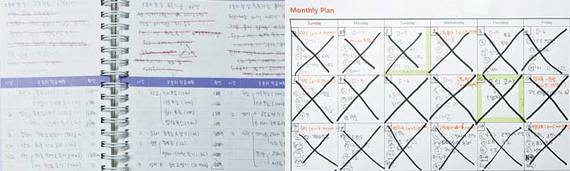 손현아양의 일일 계획표(왼쪽)와 월간 계획표. 손양은 월간 계획을 먼저 세우고 매일 공부를 마치면 하루를 점검하며 다음 날 계획을 세운다.