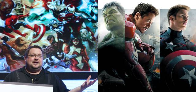 C.B. 세블스키 마블 수석부사장과 세 명의 수퍼 히어로 (왼쪽부터)헐크, 아이언맨, 캡틴 아메리카 /오종찬 기자, 월트디즈니컴퍼니 제공