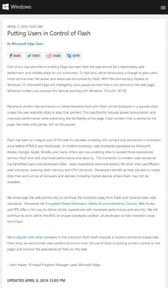 마이크로소프트 공식 블로그에 게재된 엣지 브라우저 개발팀의 플래시 기능 관련 변화 예고.