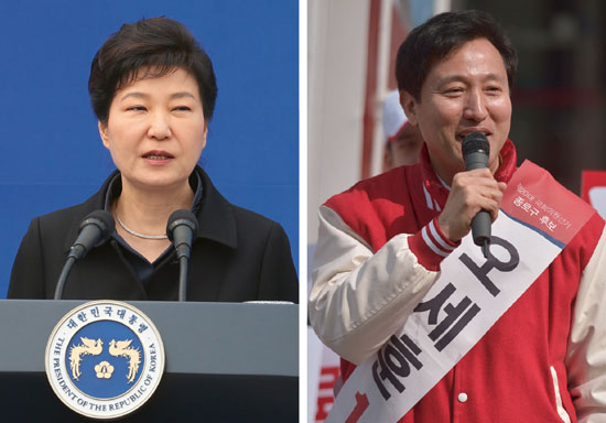 ⓒ시사IN 이명익 : 박근혜 대통령은 2인자를 용납하지 않는 정치를 해왔다. 친박계에는 차기 대권 주자가 없는데 최근 서울 종로에 출마한 오세훈 후보(오른쪽)를 ‘잠재 후보’로 꼽는 이가 늘어났다.