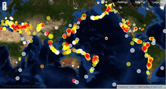 21일 기준 최근 2주 동안 지표에서 발생한 주요 지진 분포도. 태평양 주변을 고리 모양으로 둘러싸고 있는 환태평양조산대 영역과 유럽과 아프리카 대륙을 가로지르는 띠 모양의 알프스·히말라야조산대 영역에 지진 발생이 집중돼 있다. 유럽지중해지진센터(EMSC) 캡처