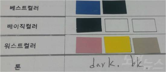 겨울타입으로 진단받은 기자의 베스트 컬러는 파란색과 검은색 이었다.