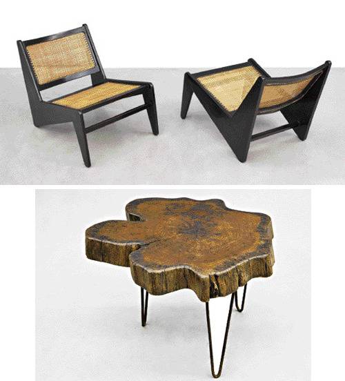 ‘캥거루 의자’로 불리는 앉은뱅이 의자와 원목을 이용한 커피 테이블(아래). 국제갤러리 제공