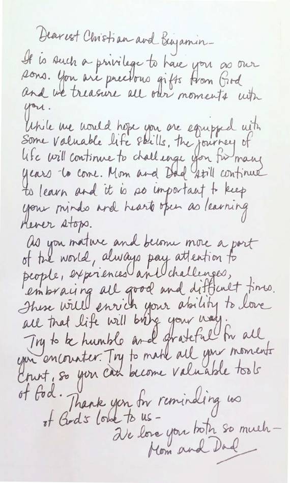 강주은이 두 아들에게 쓴 편지. 주로 그가 썼지만 중간중간 최민수에게 의견을 물어 완성했다. 두 아들이 인생을 살면서 마음에 새겼으면 하는 내용을 담았다. “인생을 살면서 항상 마음과 가슴을 열고 배우려는 자세를 갖는 게 중요하다. 사람과 경험과 도전에 관심을 기울여야 하고, 좋은 시간뿐 아니라 힘든 시간도 다 수용할 줄 알아야 한다. 모든 경험을 겸손하고 감사하는 마음으로 받아들이고, 모든 순간을 의미 있게 만들어라. 그러면 하나님의 중요한 도구가 될 수 있다”는 내용이다.