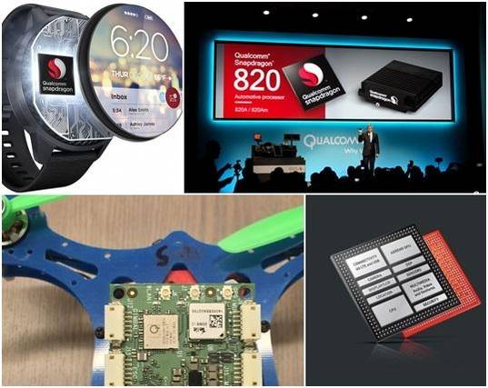 (왼쪽 위부터 시계방향) 스냅드래곤 웨어 2100(웨어러블), 스냅드래곤 820A(자동차), 스냅드래곤X5 LTE(사물인터넷), 스냅드래곤 플라이트(드론) /퀄컴 홈페이지 캡처