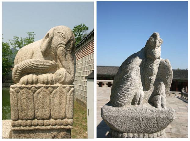 ▲ 경회루 서수코끼리(왼쪽)와 경복궁 근정전 월대 주작 <사진제공=문화재청>