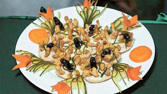 식용 곤충에 대한 연구가 활발해지면서 이를 이용한 요리도 늘고 있다. 메뚜기·귀뚜라미를 이용한 샐러드. [중앙포토·빠삐용의 키친]