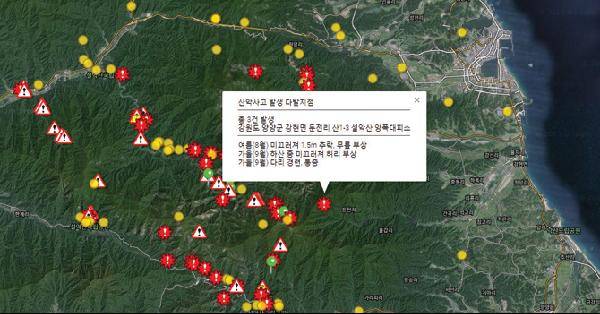 [월간산]KBS뉴스 홈페이지의 ‘산악사고 지도’. 주요 산에서 발생한 사고의 유형과 장소 등을 살펴볼 수 있다.