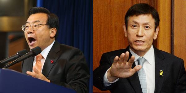 이정현 전 청와대 홍보수석(왼쪽)과 김시곤 전 KBS 보도국장.   | 경향신문 자료사진