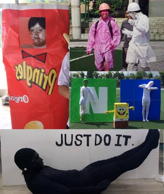 (왼쪽 위부터 시계방향으로) 프링글스, 개비스콘, 네이버와 페이스북, 나이키 로고를 패러디한 의정부고등학교 학생들. /사진=페이스북 페이지 '의정부고등학교 대신전해드립니다' 캡처