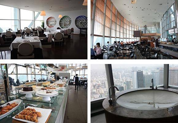 왼쪽 상단부터 시계방향으로 그릴 식당과 뷔페 식당, 여자화장실, 뷔페식당에 차려진 디저트 음식들. /김범수 기자, 정지용 인턴기자